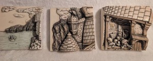 lot 4010 image: Harmony Kingdom Carved Tile Set - Medieval Scene Collection - 3 ct