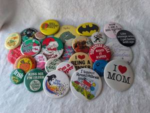 lot 5011 image: 1980s Mixed Button Pin Collection Pop Culture and More - 30 ct