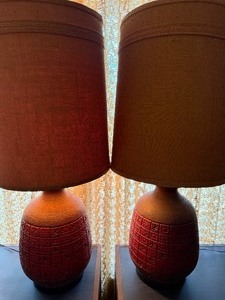 lot 62 image: MCM Red and Brown Pottery Table Lamps w Shades