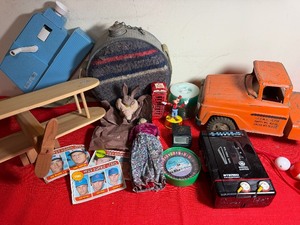 lot 105 image: Kids Toys, Canteen, Wood Plane, Baseball Cards, Metal Tonka Truck and MORE