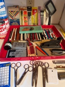 lot 107 image: Desk Contents, Vintage PensPencils, Scissors, Pencil Case, Stamps and MORE