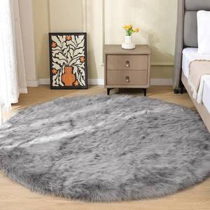 lot 3109 image: $106 Round 6ft Silver Grey Fuzzy Faux Sheepskin Washable Rug - Boho