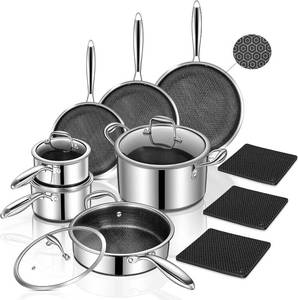lot 3116 image: $100 Yoehka 14-Piece Hybrid Stainless Steel Cookware Set, Nonstick Pots