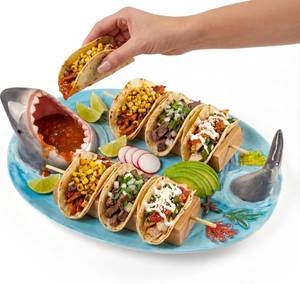 lot 3131 image: $57 Blue Ceramic Taco Holder & Shark Sushi Plate