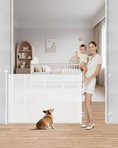 lot 3149 image: Retractable Baby Gate 55 Wide Mesh, 4 Rods, 34 Tall, White
