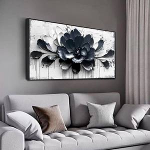 lot 3169 image: $80 Flower Wall Art - Blue, Black & White Canvas Decor, 48x24 Framed