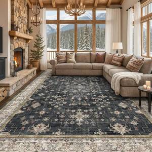 lot 3266 image: $150 Black Boho Rug 9x12, Washable, Non-Slip, Vintage Low-Pile