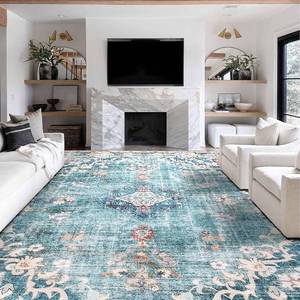 lot 3336 image: $220 MUJOO 9x12 Area Rug Teal Boho Non-Slip Washable