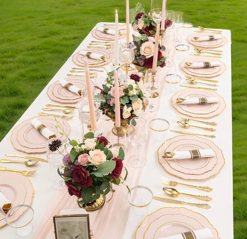 lot 4903 image: Liacere 700PCS Pink Plastic Plates-Dinnerware Sets for 100 Guests-200 Disposable Plates(10inch,7inch),300 Pink Plastic Silverware,100 Cups,100 Napkins  - Retail $110