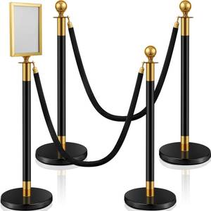 lot 4930 image: Ferraycle 4 pcs Stainless Steel Crowd Control Stanchion Velvet Ropes 5 ft Carpet Poles Hollow Base Crowd Control Barriers Velvet Ropes and Posts with Stanchion Sign Holder(Black Gold) - Retail $116