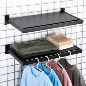 lot 4932 image: Blulu 2 Pack Gridwall Shelf, 23.6x11.8 Inch Wooden Wall Shelves with Metal Rectangular Tubing U Shaped Hanger Gridwall Shelving Organizer Accessories for Home Retail Display(Black) - Retail $55