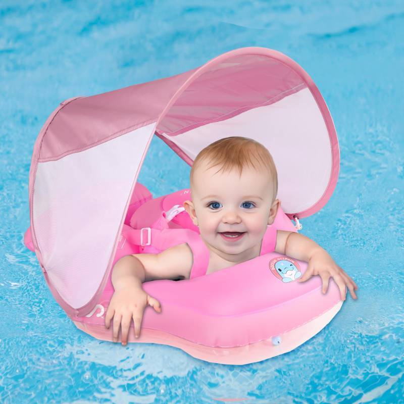 lot 1164 image: Doctor Dolphin Baby Pool Float with Tail Inflatable Baby Swimming Float with Sun Canopy (Pink, L) - Retail $21