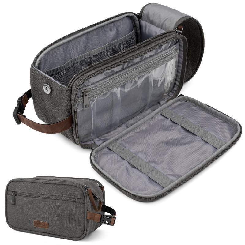 lot 1166 image: PAVILIA Toiletry Bag for Men Women, Canvas Travel Dopp Kit, Water Resistant Hygiene Bag Toiletries Organizer, Shaving Kit Travel Accessories Bag, Grey - Retail $20