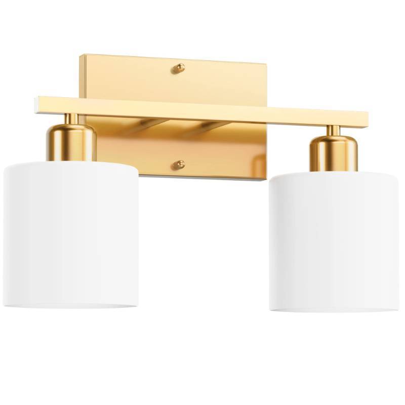 lot 1179 image: Dekang 2-Light Gold Bathroom Light Fixtures Over Mirror, Anti-Rust Vanity Lights for Bathroom, Bedroom, Hallway, Modern Wall Sconces with Milky White Glass Shade, E26 Base, Bulbs Not Included - Retail $81