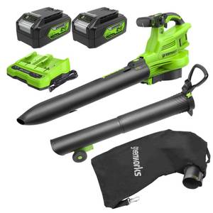 lot 1017 image: Greenworks 48V (24V x 2) Cordless Brushless Leaf BlowerVacuum (520 CFM  240 MPH) with Bag, Powerful & Efficient for Yard Debris Cleanup, Includes (2) 4.0Ah Battery & Dual Port Charger - Retail $215