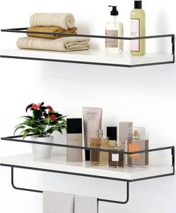 lot 1213 image: Shario White Floating Shelves - Set of 2, Wall Mounted Hanging Shelves with Black Towel Rack, Decorative Storage Shelves for Bathroom, Kitchen, Living Room & Bedroom (Modern White, 15.7 Inches) - Retail $26