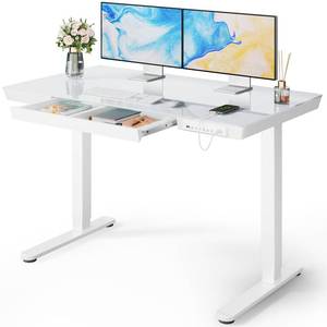 TRESANTI Glass Standing Desk with Drawer, 48 x 24 inch Electric Standing Desk, Height Adjustable Desk with One-Piece Tabletop & USB Charging Ports, Sit Stand Desk with Storage for Home & Office White - Retail: $289