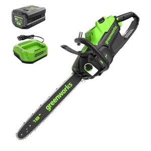lot 1006 image: Greenworks 80V 18 Brushless Cordless Chainsaw (Great For Tree Felling, Limbing, Pruning, and Firewood), 75 Compatible Tools, 4.0Ah Battery and Charger Included - Retail $370