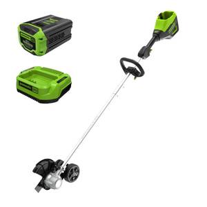 lot 1011 image: Greenworks 60V 8 Brushless Cordless Edger with 2.0Ah Battery & Charger �� Tool-Free Depth Adjustment, Lightweight Lawn Edging Tool - Retail $210