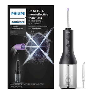 lot 1013 image: Philips Sonicare Cordless Power Flosser 3000 - Water Flosser with Innovative Quad Stream Technology  Oral Irrigator with 2 Flossing Modes and 3 Pressure Levels  Ipx7 Waterproof  Black  HX382623 - Retail $104