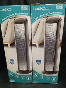 lot 1020 image: (Set of 2) Lasko Space Heater for Indoor Use - 24 inches 1500W Ceramic Heater with Remote Control, 12 Hour Timer,, LED Display, for Bedroom Office Indoor - Retail $120