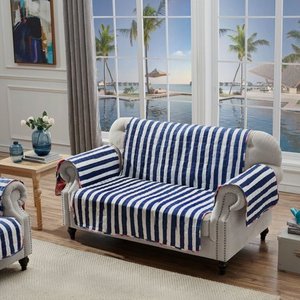 lot 1022 image: Barefoot Bungalow Peony Posy High Quality Fashion Designs Deluxe Reversible LoveSeat Furniture Protector - 103x76, Navy - Retail $122
