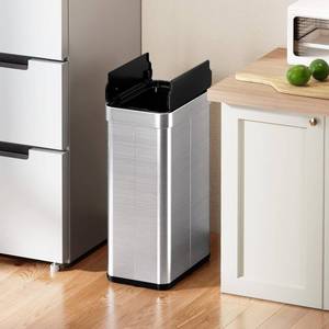 lot 1100 image: EKO 16 Gallon Kitchen Trash Can, Infrared Motion Sensor Garbage Can with Wings-Open Lid, Stainless Steel Slim Automatic Touchless Waste Bin for Bedroom, Bathroom & Office - Retail $73