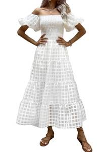 lot 1101 image: PRETTYGARDEN Womens Casual Summer Dress Puffy Short Sleeve Square Neck Smocked Tiered A Line Maxi Long Dresses (Plaid Beige White,Medium) - Retail $33