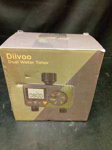 lot 1152 image: Diivoo Sprinkler Timer 2 Zone, Programmable Water Hose Timer 2 Outlet for Garden, Outdoor Automatic Irrigation System IPX5 Waterproof with Rain DelayManual for Lawn, Yard, Pool - Retail $40