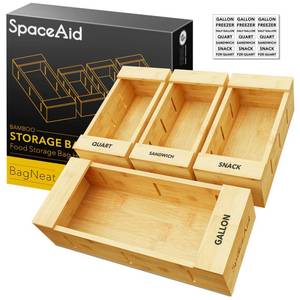 lot 1156 image: Homestayis Bag Storage Organizer for Kitchen Drawer, Bamboo Organizer, Compatible with Gallon, Quart, Sandwich and Snack Variety Size Bag (4 Pack) - Retail $30