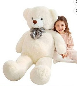 Giant White Teddy Bear with Checkered Bow