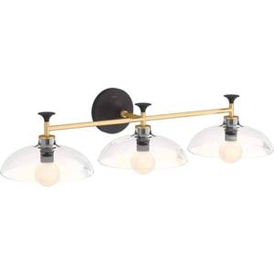 lot 10873 image: Tone 3 Light Black with Brass Trim Indoor Bathroom Vanity Light Fixture
