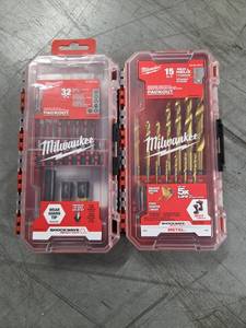 lot 9689 image: Milwaukee 32-Piece Impact Driver Bit Set and 15-Piece Red Helix Titanium Drill Bit Set