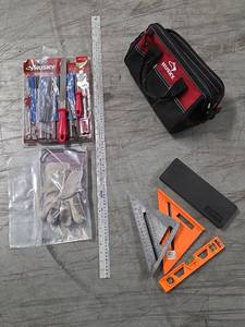 lot 9694 image: Husky Tool Set with Bag, Files, Levels and Work Gloves