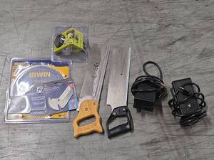 lot 9701 image: Assorted Woodworking Tools Lot with Saw Blades and Hand Saws
