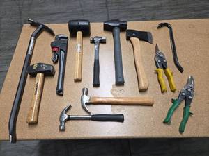 lot 9710 image: Assorted Hand Tools Lot - Hammers Pliers Axe Wrecking Bar