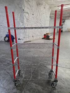 lot 9717 image: 4-Tier Red Wire Shelving Cart with Wheels