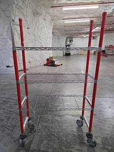 lot 9719 image: 4-Tier Red Wire Shelving Unit with Wheels