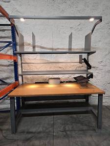 lot 9733 image: Adjustable Height Computer Workstation with Overhead Dividers and Lighting