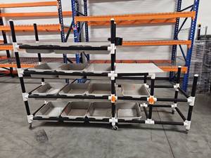 lot 9735 image: Industrial Mobile Storage Cart with Plastic Bins