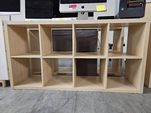 lot 9754 image: Ikea Wooden Storage Unit with Gray Fabric Bins(2)