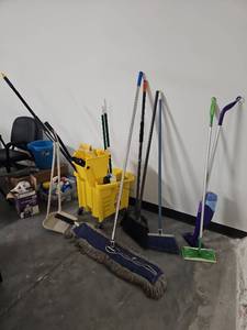 lot 9879 image: Commercial Cleaning Equipment Lot with Mop Bucket and Cleaning Tools