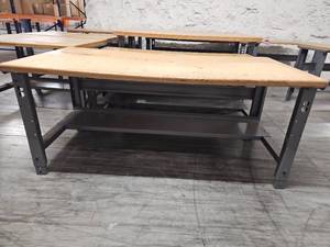 lot 9837 image: Industrial Steel Frame Workbench with Wood Top
