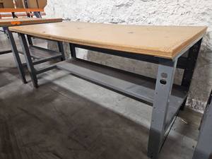 lot 9840 image: Industrial Workbench with Wood Top and Metal Frame