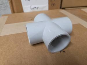 lot 9861 image: Furniture Grade 1 14in Grey Cross PVC Pipe Fitting Cross Junction - Set of 3 Boxes