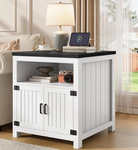 lot 43607 image: Vividwood Farmhouse End Table with Charging Station, 24 Large Side Table with Open Shelf and Barn Door Storage, White - Retail $110