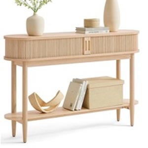 lot 43608 image: LINSY HOME Fluted Console Table, Mid-Century Modern Entryway Cabinet with Sliding Tambour Doors, Narrow Long Sofa Table, Behind-The-Couch Table for Living Room, Hallway (Light Oak) - Retail $160