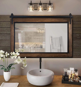 lot 43615 image: Farmhouse Barn Door Style Natural Wood Bathroom Vanity Wall Mirror - 24x32, Selling For Frame - Retail $125