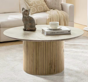 lot 43617 image: Owen Lime 31.5 in. W Modern Coffee Table with Vertical Slatted Wooden Base, MISSING PARTS - Retail $283