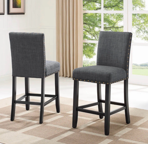 lot 43624 image: Gray Fabric Counter Height Bar Stools Set of 2 with Nailhead Trim - Retail $220